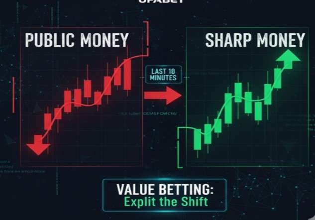 An infographic illustrating UFABET odds movement, showing a shift from "Public Money" (red candlestick chart trending down) to "Sharp Money" (green candlestick chart trending up) with an arrow indicating "LAST 10 MINUTES." The bottom banner reads "VALUE BETTING: Exploit the Shift," highlighting a betting strategy for understanding and reacting to market changes.